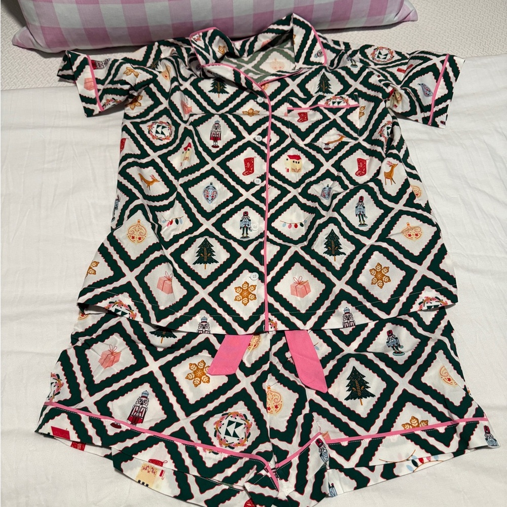 Festive Women's Pajama Set with Green and Pink Accents